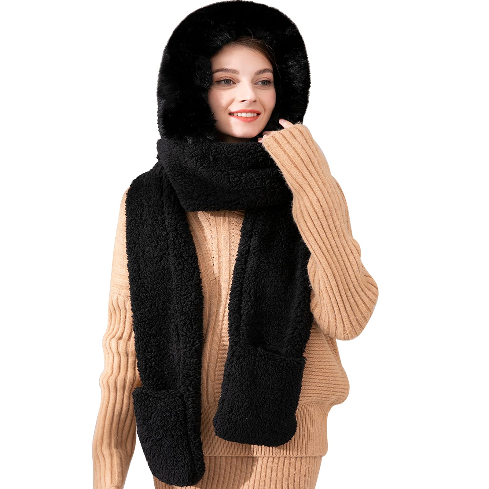 keyaway Invernali Sciarpe Cappello Guanti Donna, 3 In 1 Caldo Sciarpa con Cappuccio Tasche Earflap,Guanti caldi del cappello per donne (nero)…