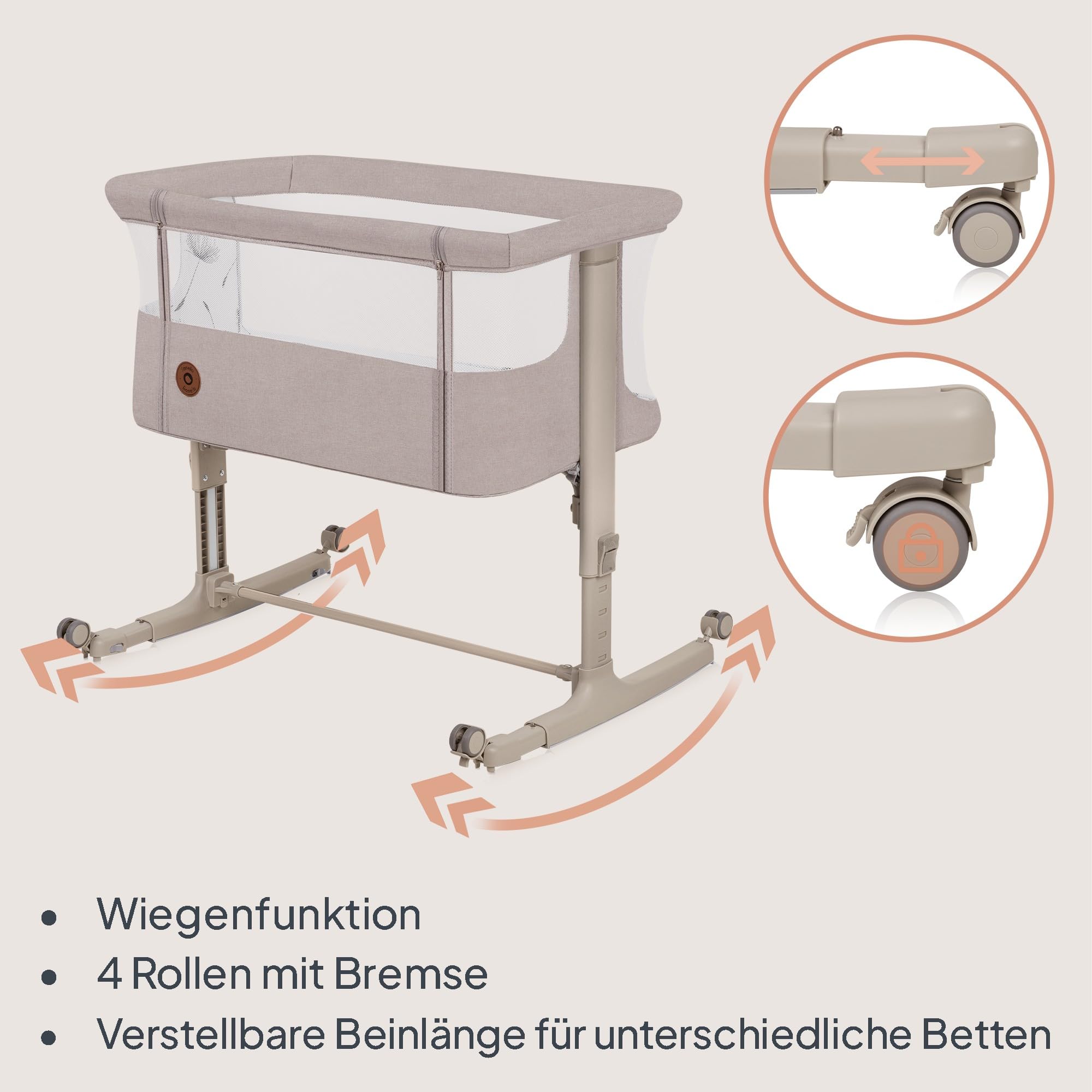 Lionelo Aurora 3 in 1 Babybett bis 9 kg, Beistellbett, Wiege, Höhenverstellug und Einstellung der Neigung der Matratze, 4 Räder mit Bremse Ergonomische Matratze Tasche
