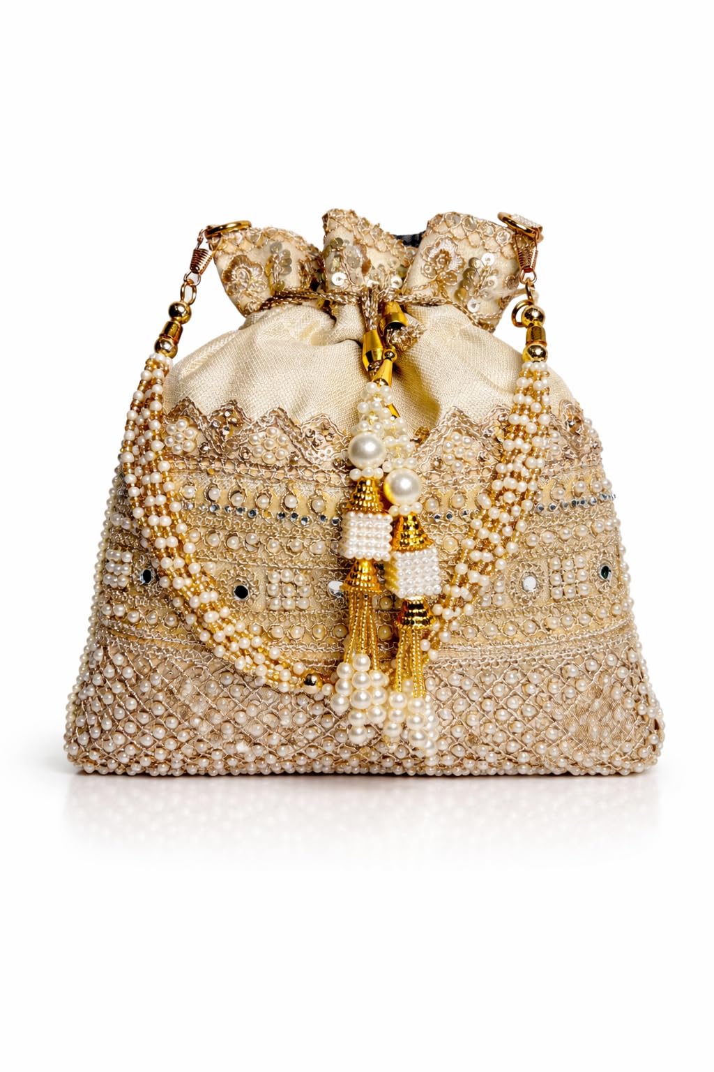 Pearl Embellished Biege-Gold Potlis Purse Bag Designer Wedding Accessory Bridal Gift Small Drawstring Handcrafted Ethnic Bag for Women Stylish Traditional Return Present White Silver Look-image-27