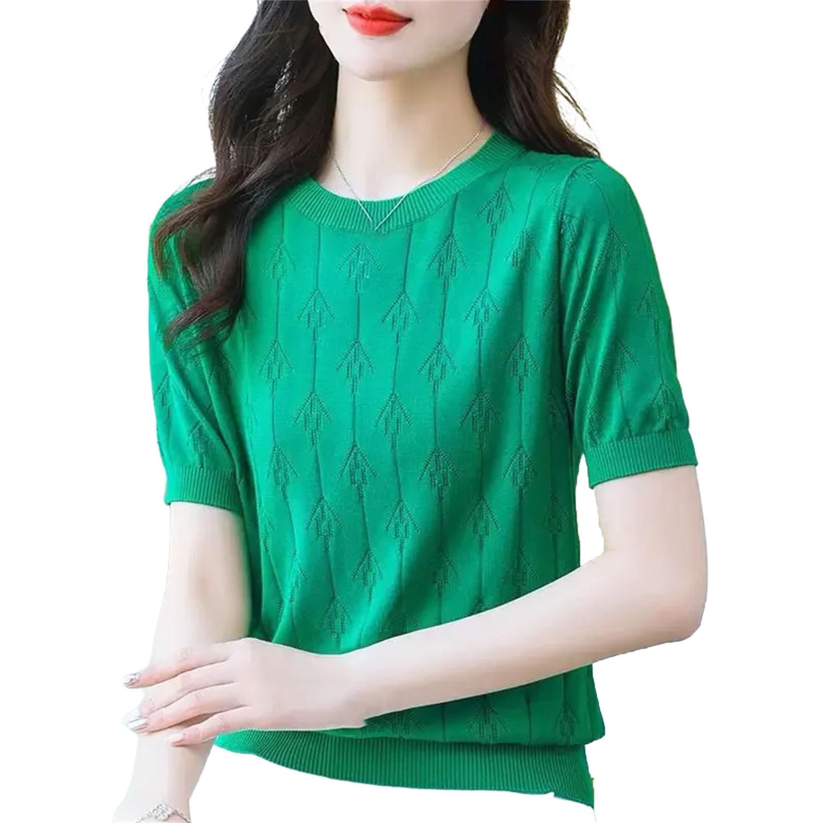 Camiseta de manga corta de seda de hielo para mujer, de punto hueco, color sólido, holgada, adelgazante, transpirable, para uso diario