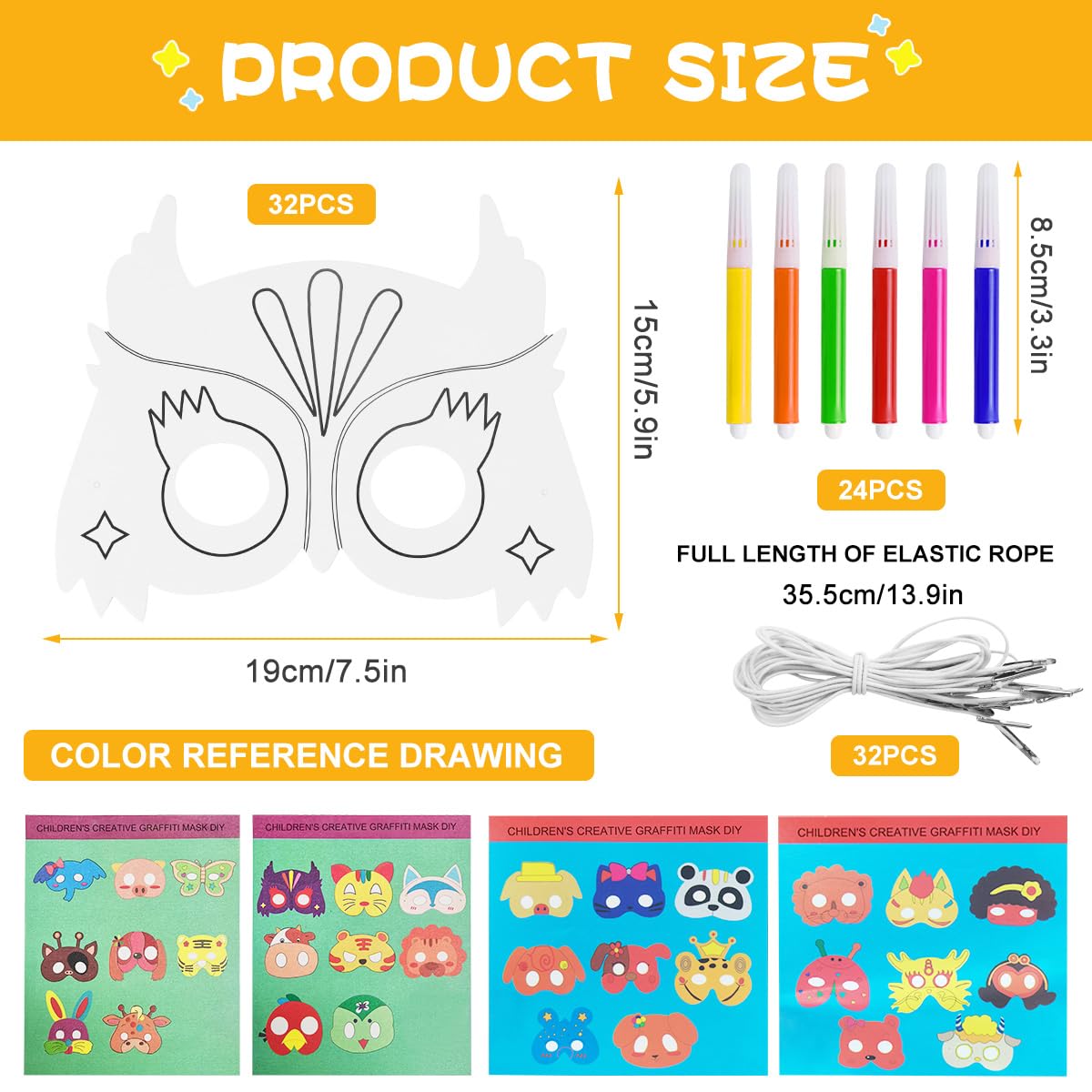 VLUVLA 32PCS Animal Masks for Kids, DIY Colouring Craft Kit with 32 Blank Masks, 24 Watercolor Pens, 32 Elastic Cords & 4 Sample Sheets, Jungle Safari Party Activity Set - Image 2