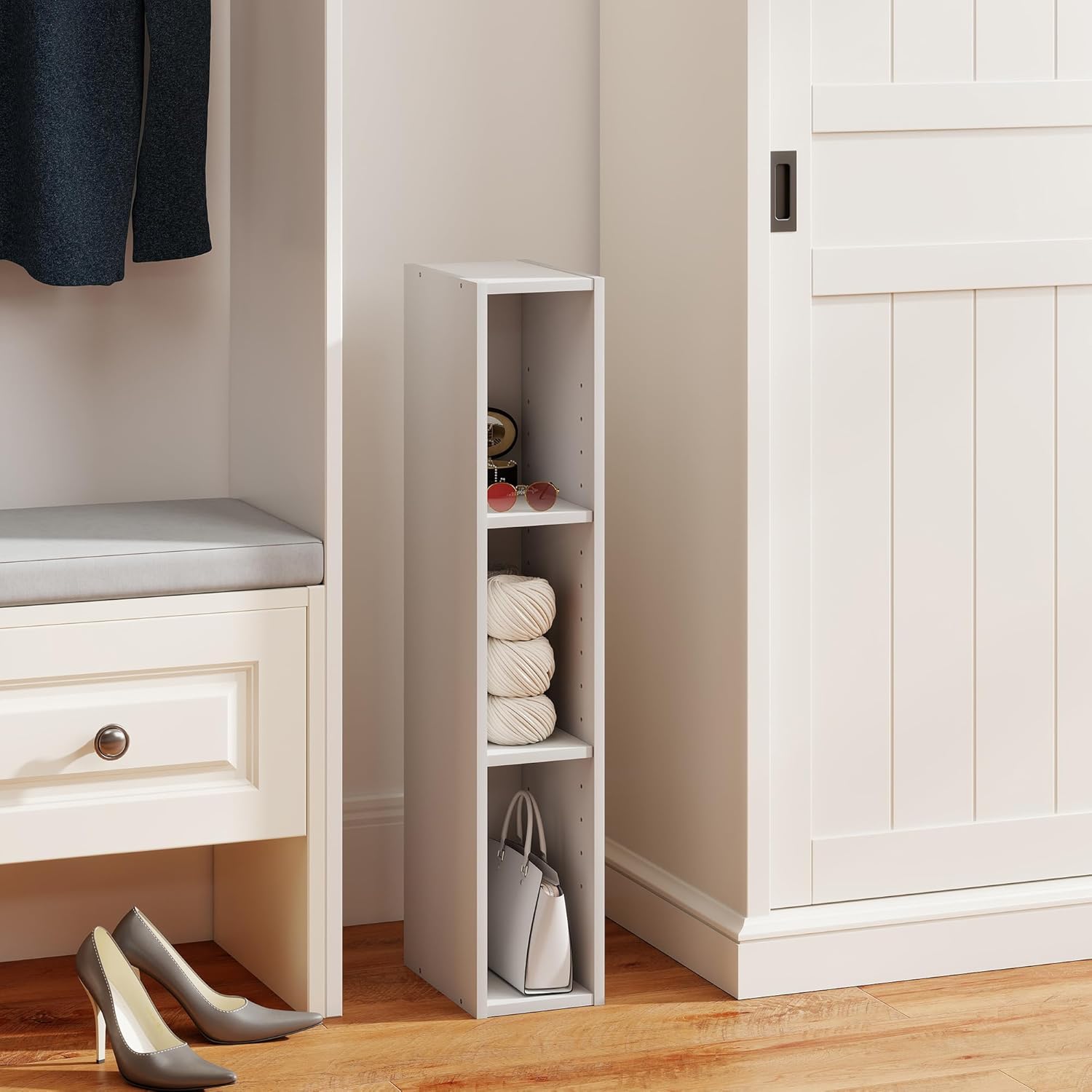 Five Cubes Clothes Organizer for Closet, 19.5 * 9.4 * 31.5 Inches Wood Storage Closet Organizer with Three Shelves, Small Shelf Cabinet for Laundry, Bedroom, White