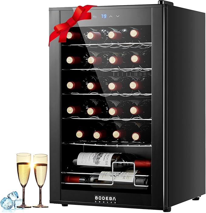 BODEGACOOLER 24 Bottle Mini Fridge for Bedroom, Compressor Wine Cooler Refrigerator for Home and Kitchen, Wine Cooler with Digital Temperature Control & Double-layer Glass Door for Wine, Champagne.