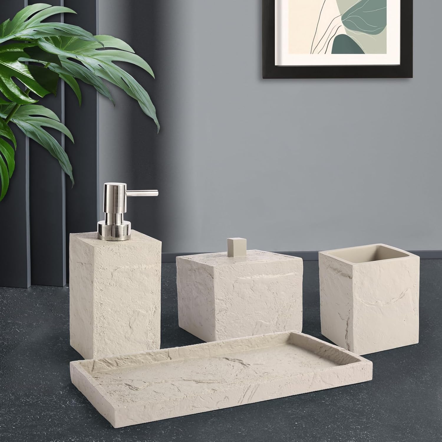 Faux Rock Pattern Bathroom Accessory Sets,4 Pieces Bathroom Accessories Complete Set - Lotion Dispenser,Tumbler,Q-tip Holder and Vanity Tray(Grey)