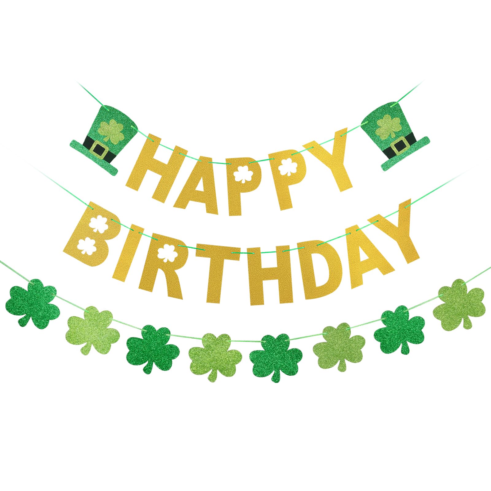 Gold Glitter Happy Birthday St Patricks Day Banner St Patrick's Day Birthday Banner for Saint Patricks Day Birthday Decorations