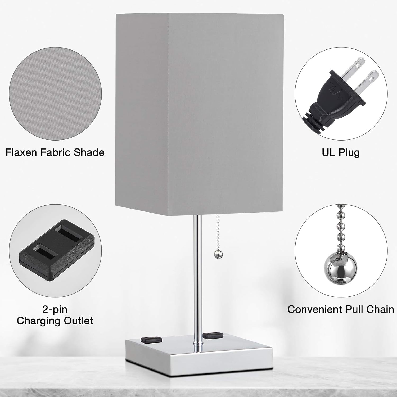 aooshine Table Lamp with Outlet, Bedside Lamp with Dual 2-Pin Charging Ports, Grey Shade & Sliver Base, Suitable for Bedroom,Nightstand, Livingroom, Office, Kids Room