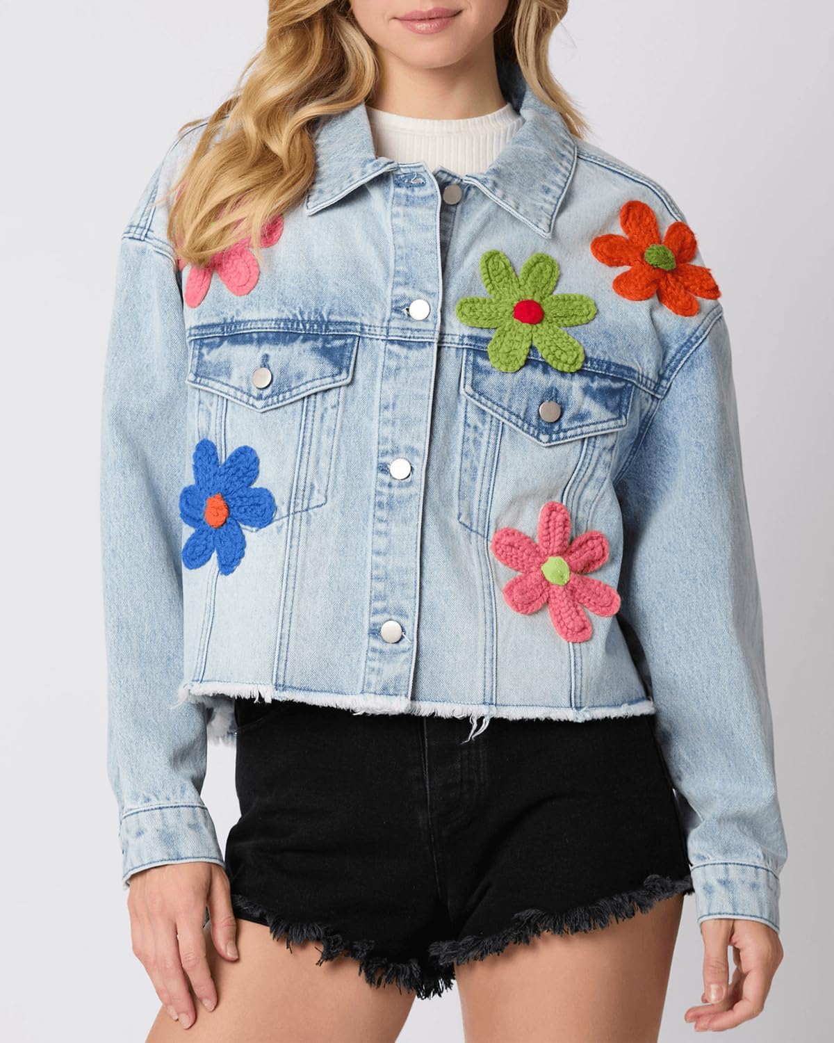 Women Y2K Long Sleeve Button Down 3D Flower Patchwork Crop Raw Hem Denim Jacket Washed Distressed Jean Jacket