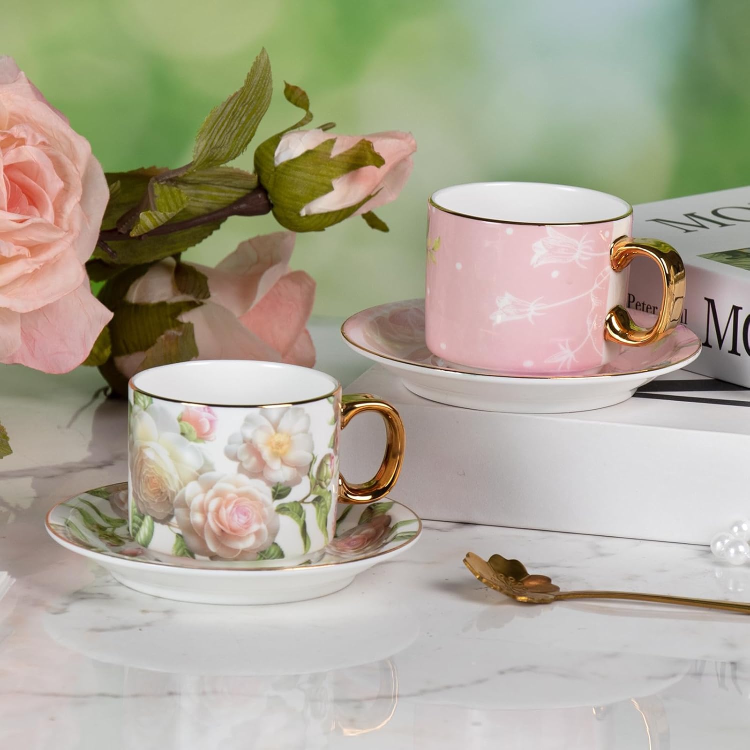 KAMMAK Tea Cups and Saucers Set of 2, Porcelain Coffee Cups, JBE025