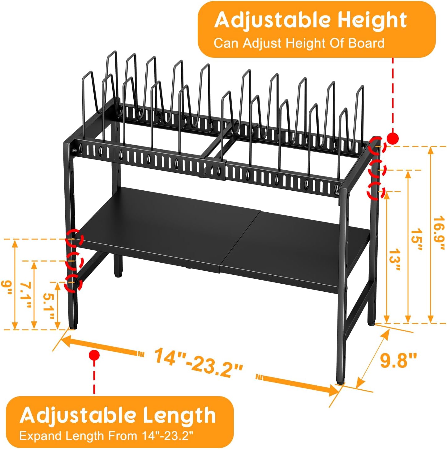 2-Tier Pots and Pans Organizer Under Cabinet,Expandable Pots Lid Organizers Inside Cabinet,Adjustable Metal Storage Shelves Organizer Rack with 10 Dividers For Kitchen Pantry Organization and Storage