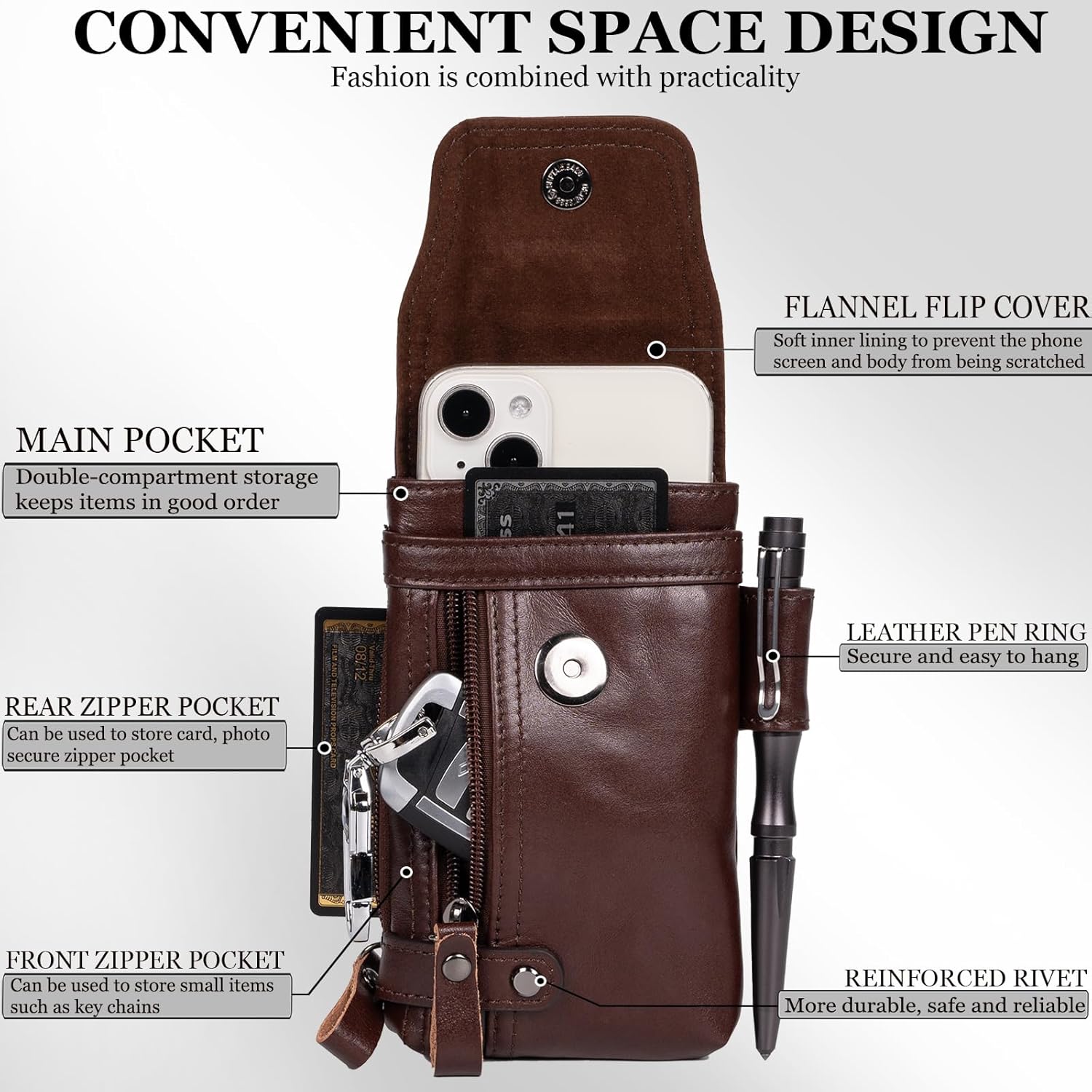 Leather Phone Holster - Genuine Full-Grain Buffalo Leather Cell Phone Holsters - for iPhone 16, 15, 14, 13pro, Galaxy S24, S23, S22 (Coffe, Medium)