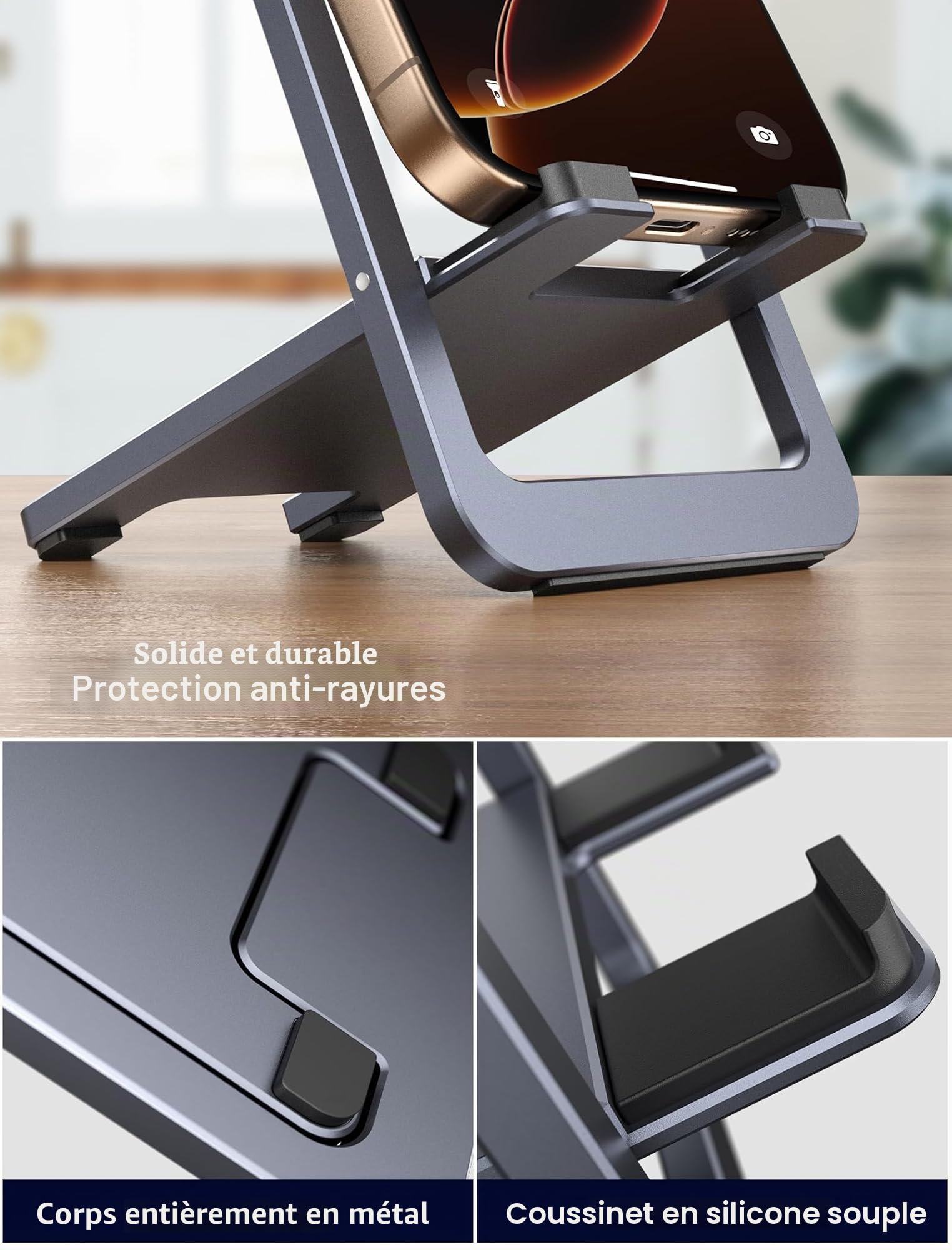 JSAUX Support Téléphone Portable Pliable en Aluminium Ajustable pour iPhone 16 15 14 13 Pro Max Samsung S24 S23 Ultra A53 Kindle Gris