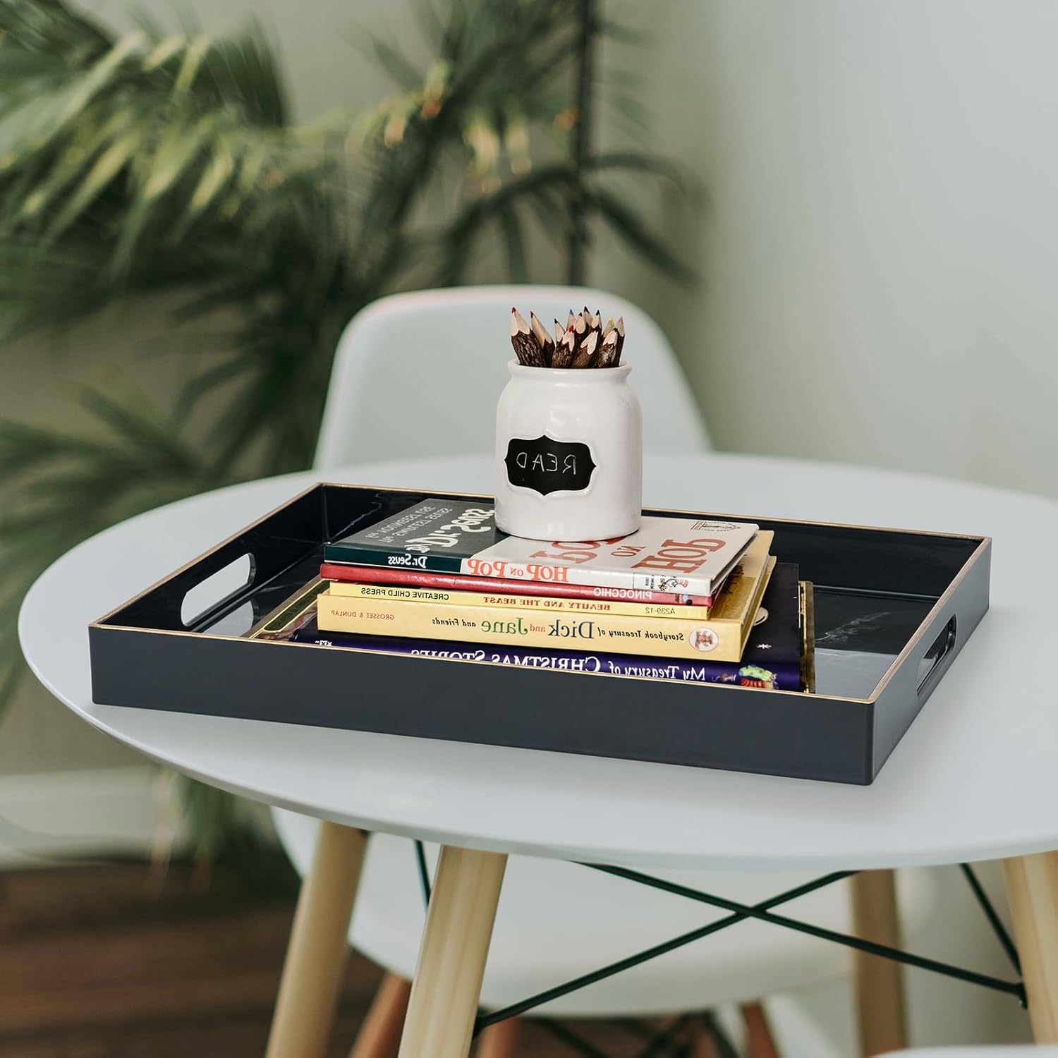 Serving Tray, Marble Plastic Food Trays for Eating on Lap Decor Coffee Tray with Handles Rectangular Non-Slip Candle Plate, 15.7"x11.8"x1.6" Large Drinks Platter for Kitchen/Living Room/Bedroom