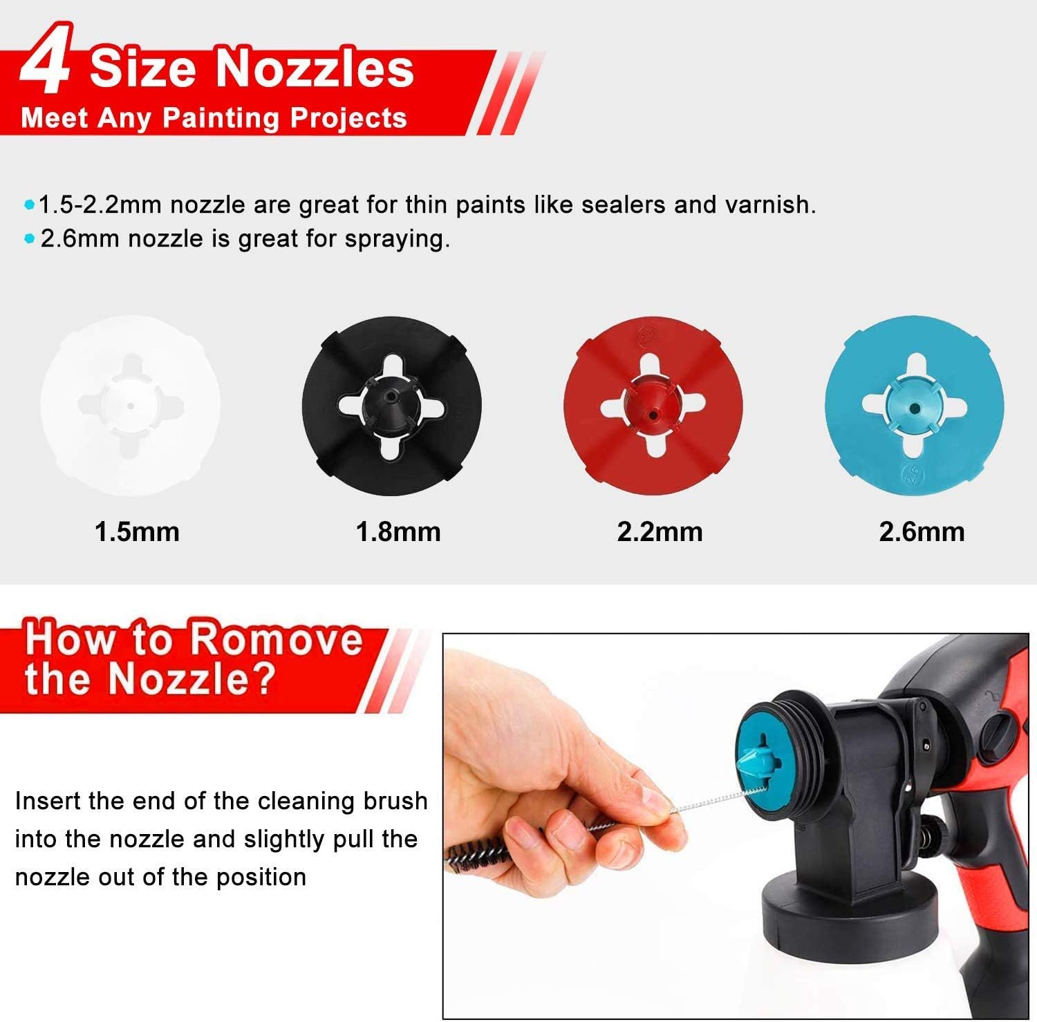 Four different sized nozzles and instructions on how to remove a nozzle