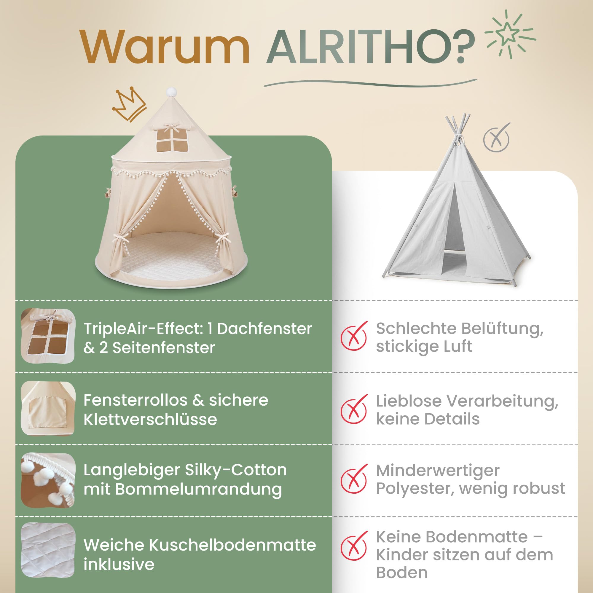 Spielzelt Kinder aus weichem Silky-Cotton in Warmbeige 110x110x130cm | Kinderzelt Indoor mit TripleAir-Effect, gemütlicher Bodenmatte & Tragetasche | stabile Kuschelhöhle fürs Kinderzimmer