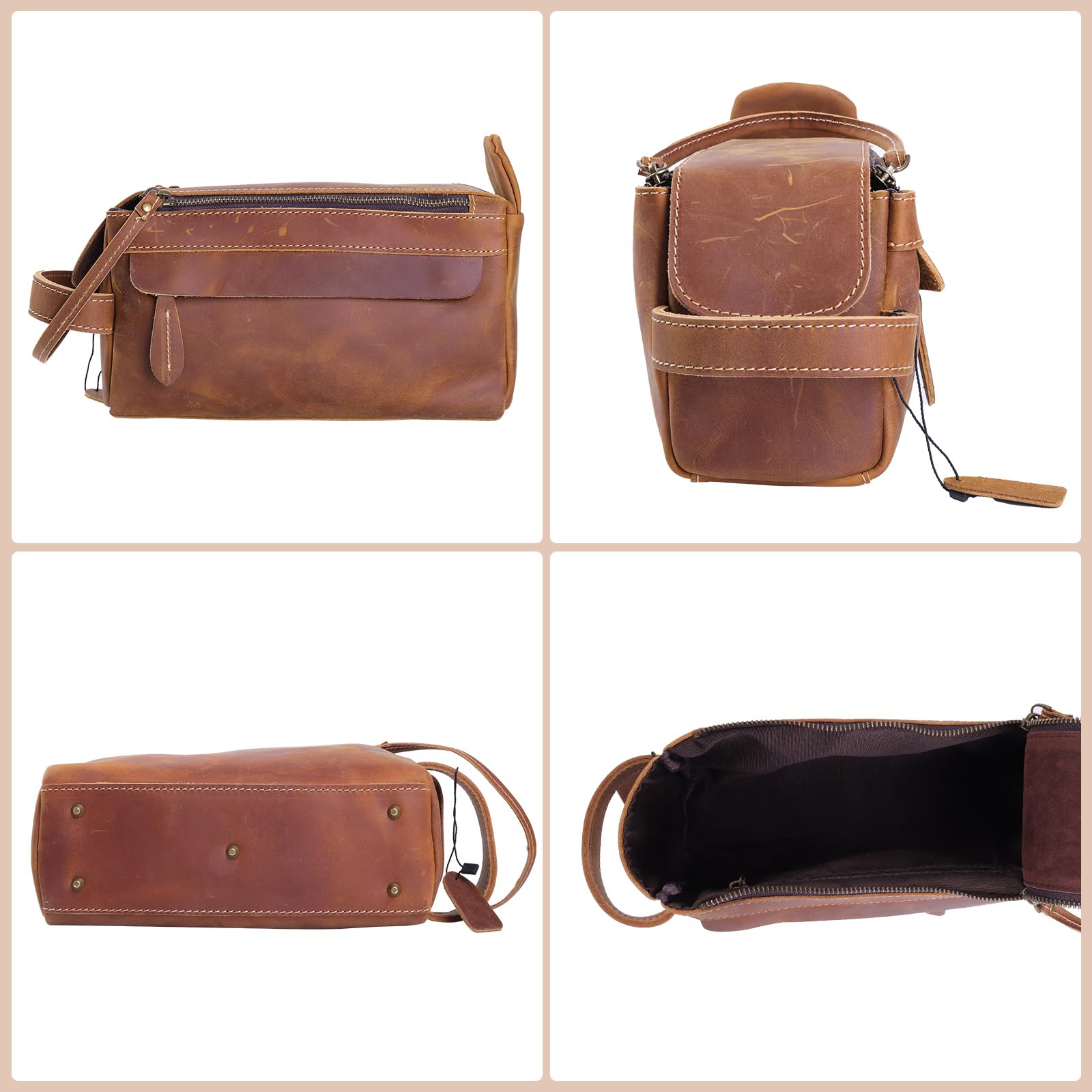 Neceser de viaje de cuero de alta calidad, kit de viaje unisex resistente al agua, organizador de afeitado y cosméticos para hombres y mujeres, artículos esenciales de baño compactos,