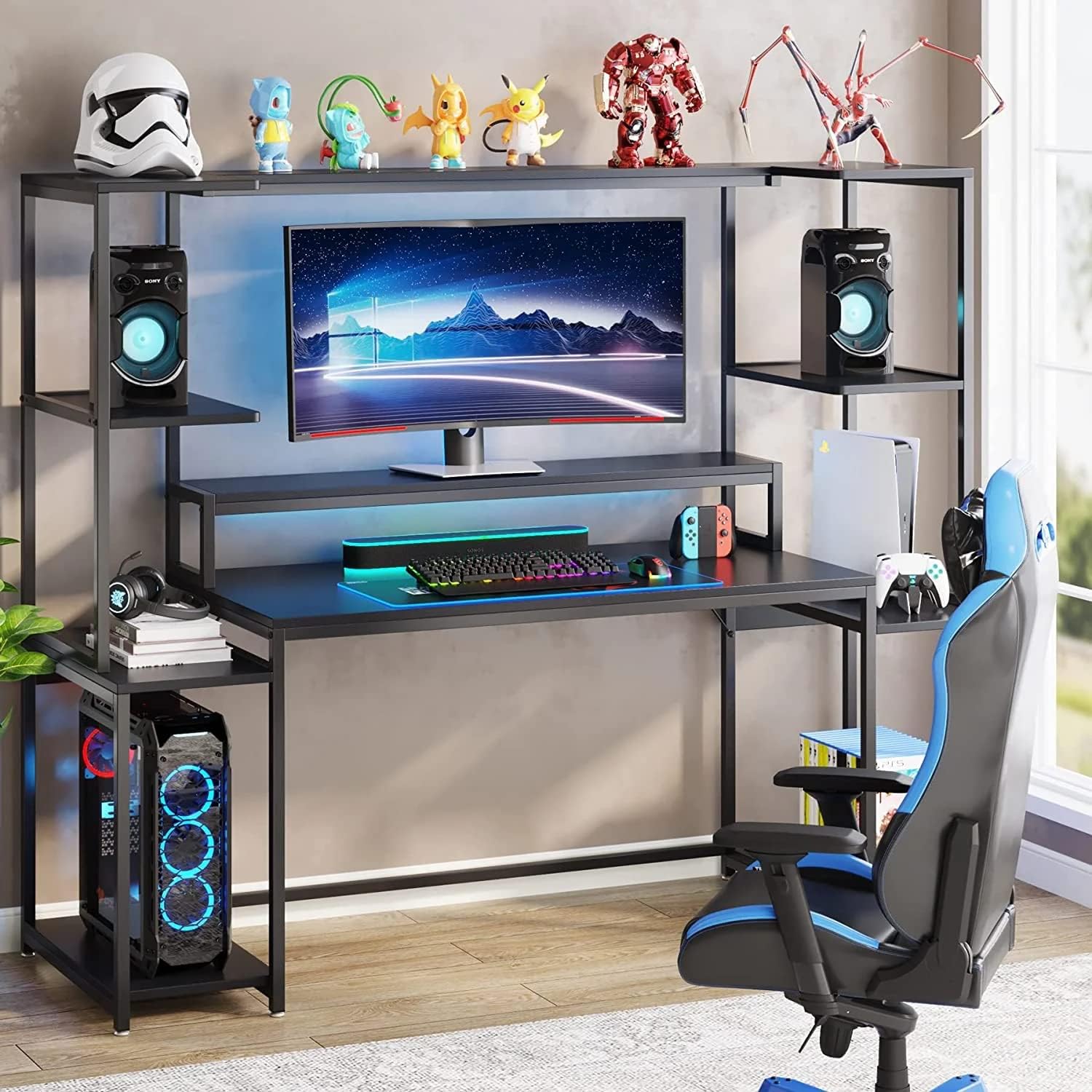 TEKAVO Gaming Table | 180 CM | Gaming Setup Desk with Hutch and Monitor Rise | Computer Table for Home pc | DIY | Black