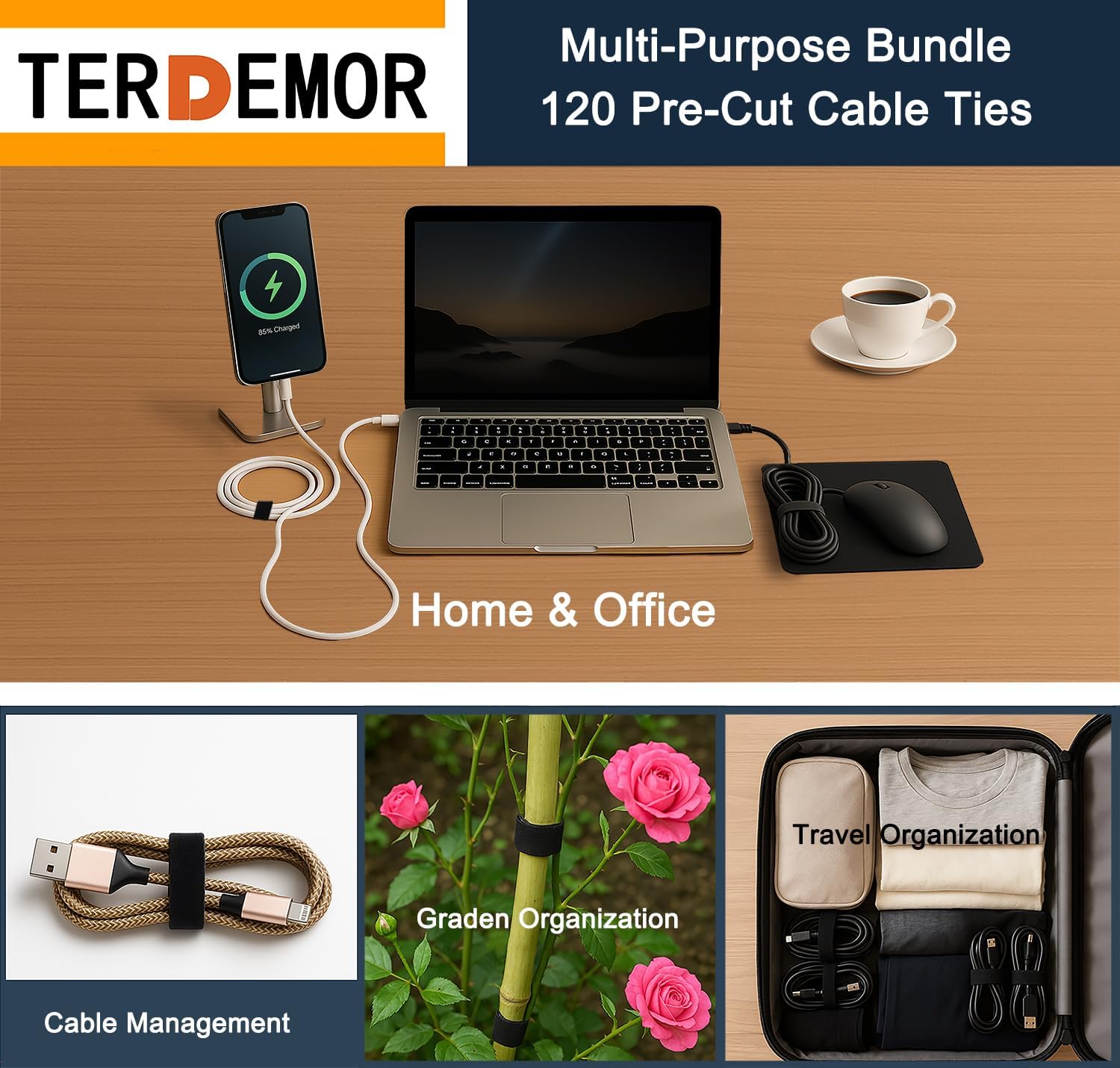 Reusable Cable Ties 120 PCS with 10M Hook & Loop Strap, Black - Cord Management for Home, Office, Workspace, Travel & Crafting – Keep Wires Organized & Tangle-Free - Image 4