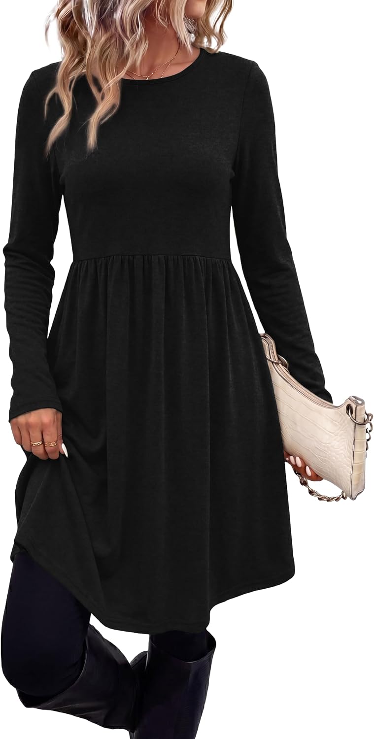 OFEEFAN Womens Long Sleeve Fall Dresses with Pockets Crew Neck Babydoll Casual Winter Dress 2026