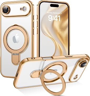 GaoBao Magnetic for iPhone 17 Air Case with Invisible Magnetic Ring Stand [Compatible with Mag Safe] [Electroplated Shockproof Bumper] Full Camera Protection Plating Clear Protective Phone Case, Gold