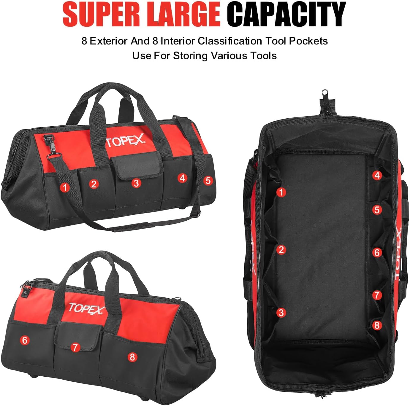 TOPEX 24 Inch Tool Bag, 16 Functional Pockets Tool Organiser, Roomy Storage Space Tool Tote Bag with Padded Handle and Adjustable Shoulder, Large Opening Design, for Home, Workshop, and Job Site