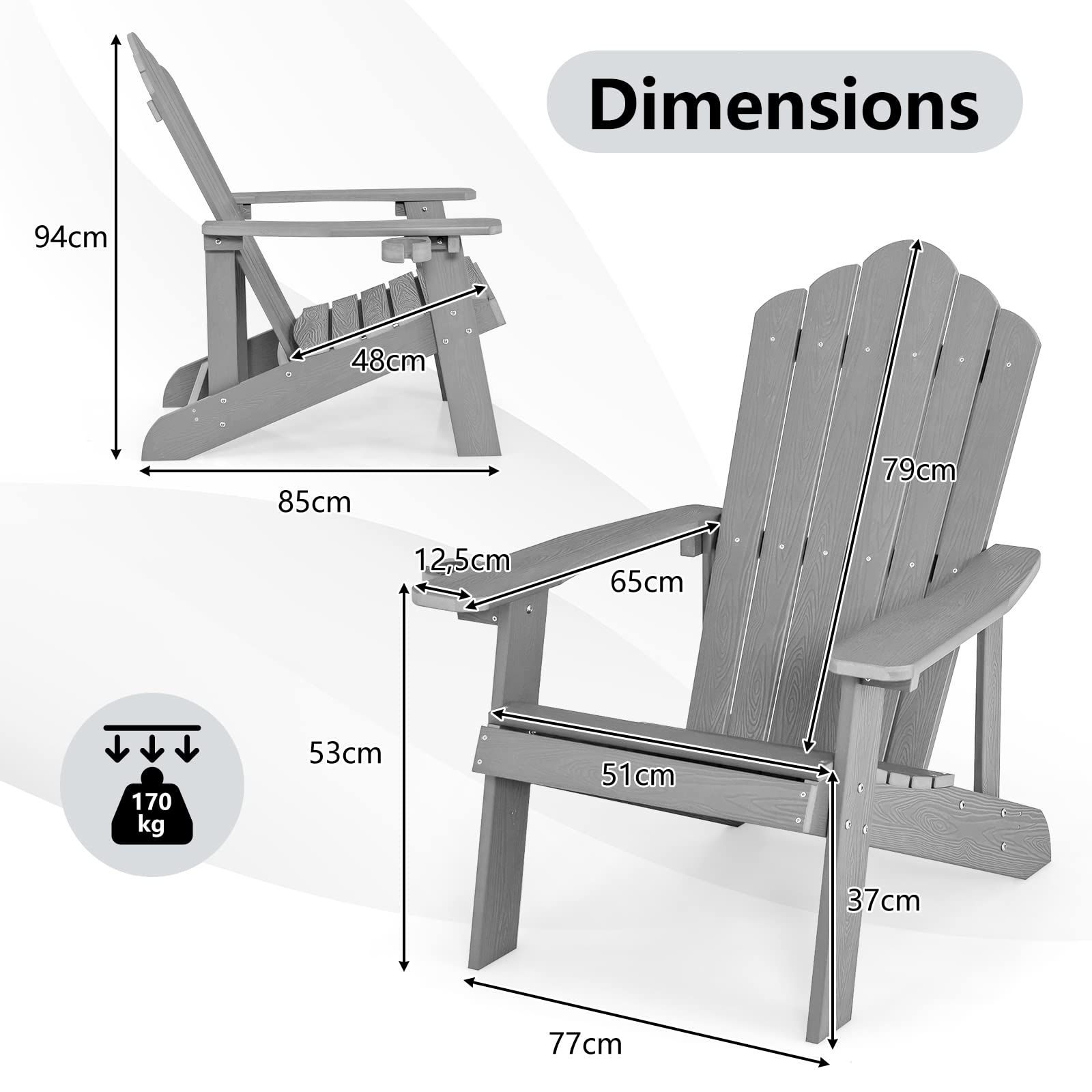GIANTEX Sillón Adirondack Grande Lounge para Patio con Portavasos Ajustable, Silla para Fuego Al Aire Libre Resistente a la Intemperie de Madera para Cubierta, Jardín,85 x 77 x 94 cm (Gris)