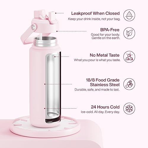 Miniatura 1057 de ENCOOL Botella de agua aislada con popote, de acero inoxidable, a prueba de fugas, sin BPA, al vacío de doble pared que se mantiene fría durante 24