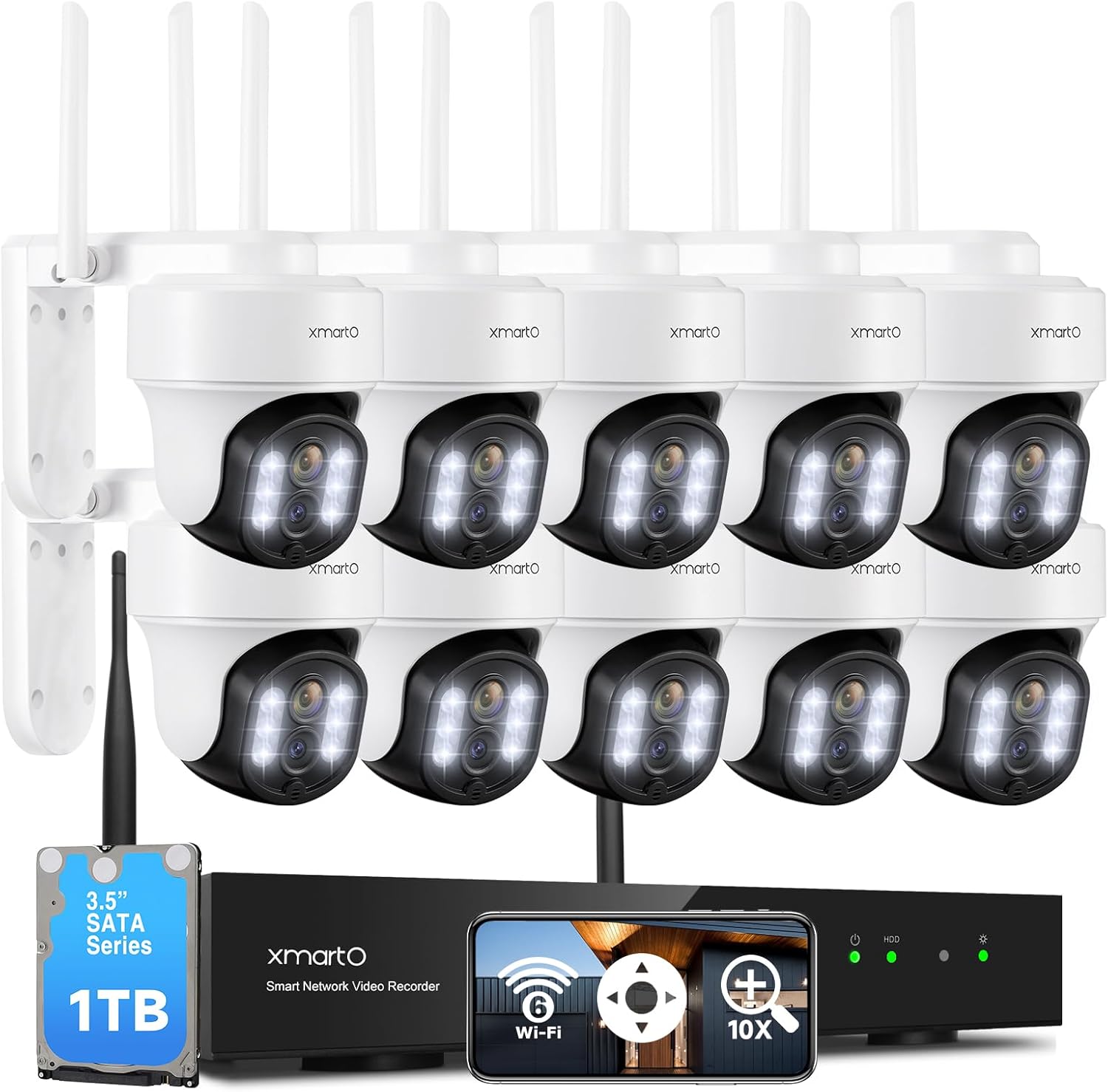 XMARTO 10X Zoom Mesh WiFi6 PTZ AI Tracking Security Camera System, 10-Cam 2K Dual Lens Bundle, 10CH 4K Expandable NVR 1TB HDD, Long Range WiFi, Plug-in 24/7 Wireless Indoor/Outdoor Surveillance