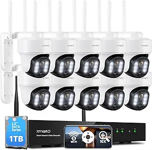 XMARTO 10X Zoom Mesh WiFi6 PTZ AI Tracking Security Camera System, 10-Cam 2K Dual Lens Bundle, 10CH 4K Expandable NVR, 1TB HDD, Indoor/Outdoor Surveillance