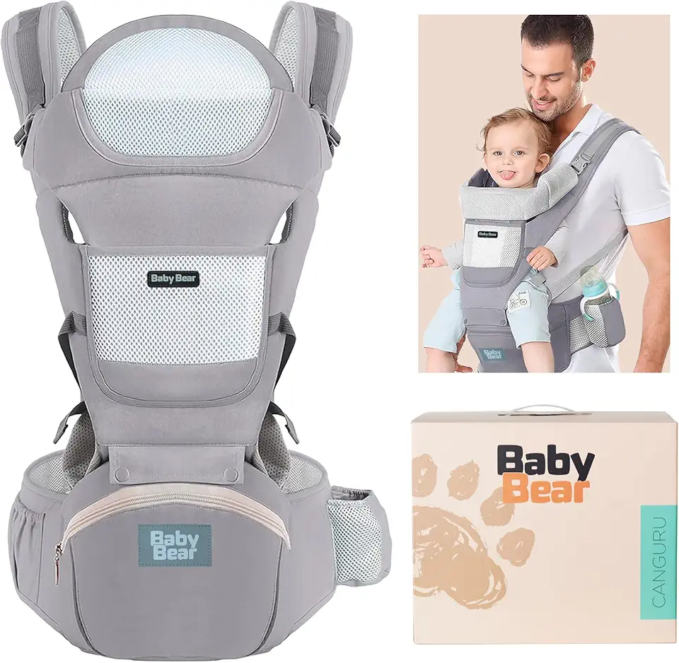 Bolsa Canguru Ergonômica Premium Baby Bear 3 em 1 | Assento Acolchoado| 12 posições | Alças Reguláveis | Bolsos Frontais e Laterais (Cinza)