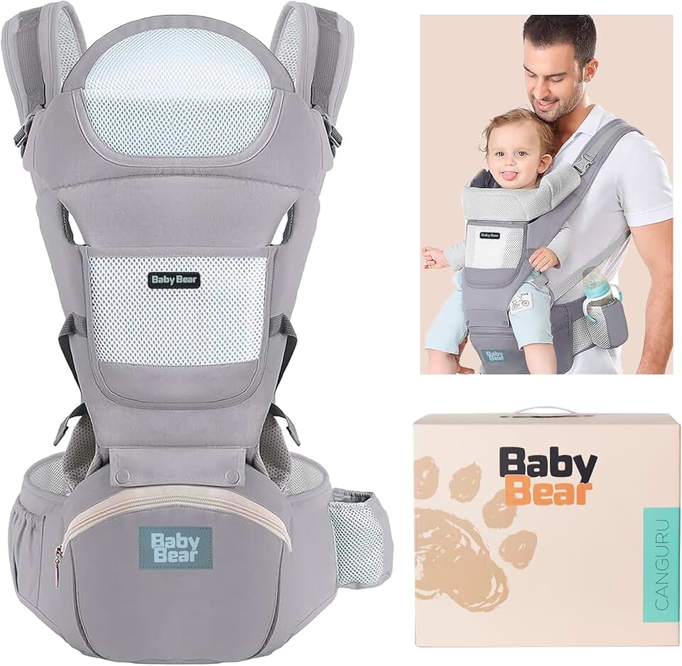 Bolsa Canguru Ergonômica Premium Baby Bear 3 em 1 | Assento Acolchoado| 12 posições | Alças Reguláveis | Bolsos Frontais e Laterais (Cinza)