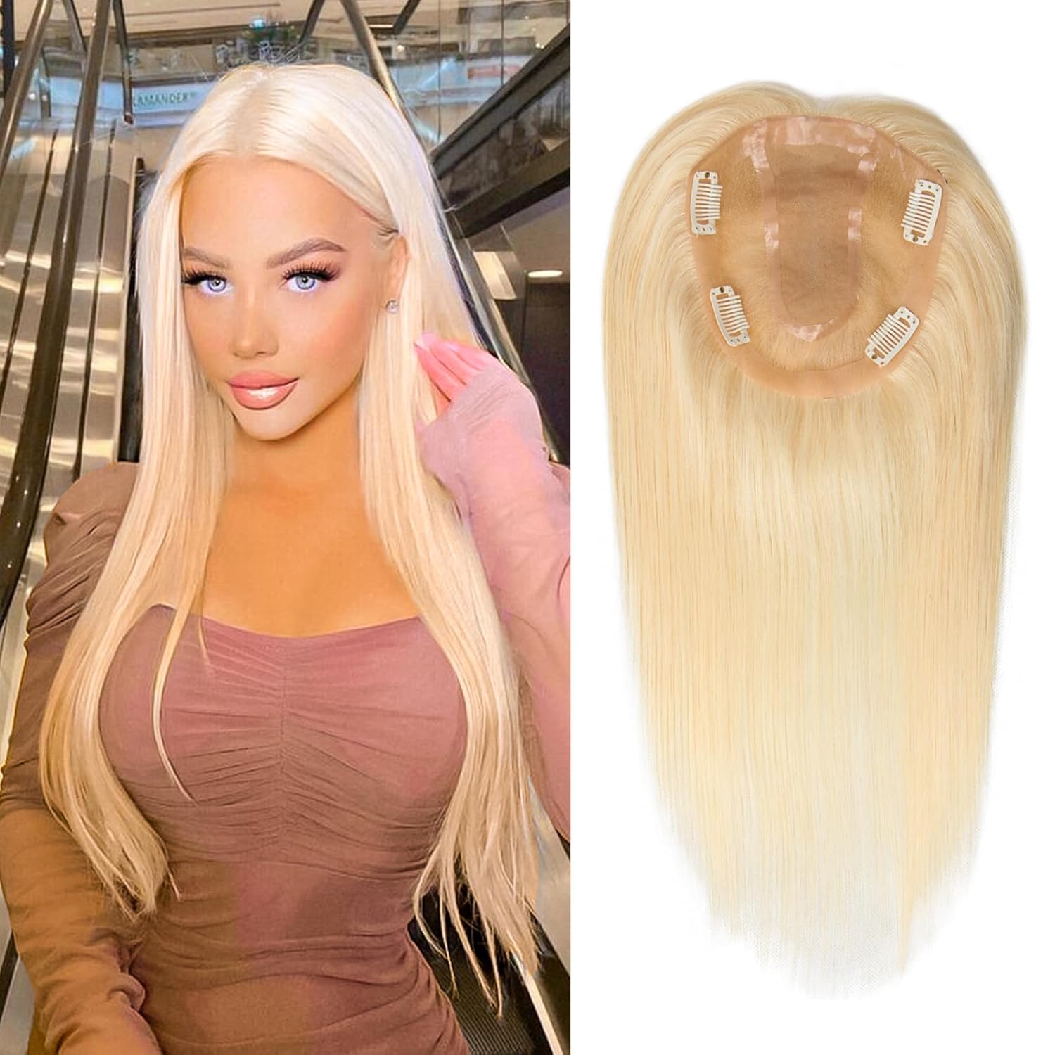 12 Inch Real Human Hair Toppers for Women - No Bangs Clip-In Hair Pieces for Thinning Hair, 14x16cm Silk Lace Base, Premium Remy Hair Wiglets, #613 Blonde