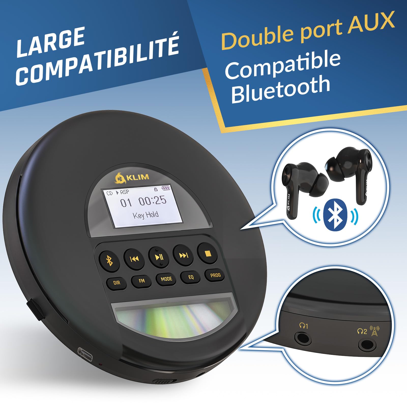 KLIM Nomad - Nouveauté - Lecteur CD Portable - Batterie Intégrée Longue Durée - avec Écouteurs - Compatible CD-R, CD-RW, MP3 - Bluetooth Baladeur Lecteur CD pour Voiture, Maison, Extérieur - Or