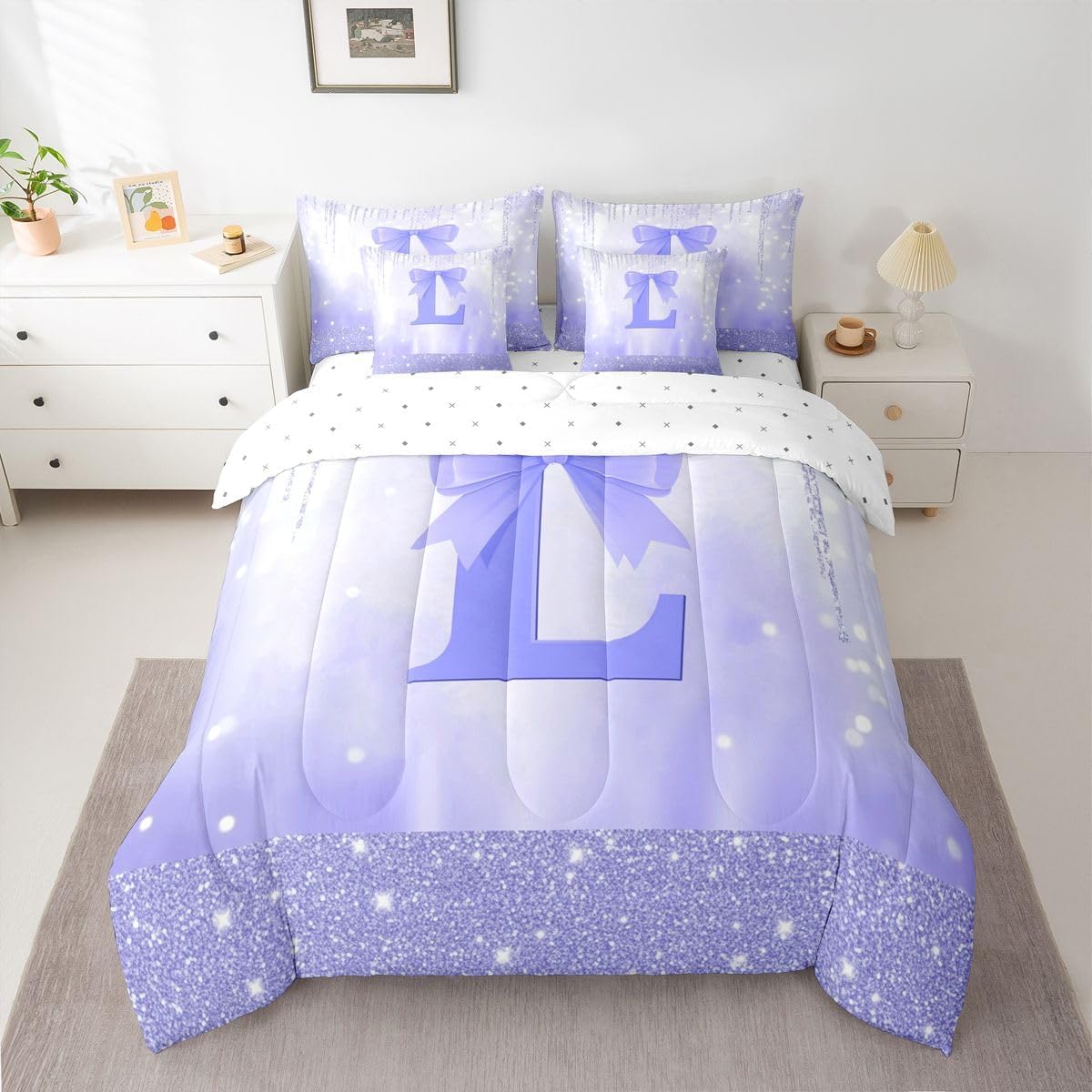 Feelyou Purple Bowknot Comforter Set Full Size 7 Pieces Initial Letter L Bedding Set Kids Boys Girls Princess Glitter Bed in a Bag with Comforter, Sheets, Pillowcases, Cushion Covers Bow Alphabet