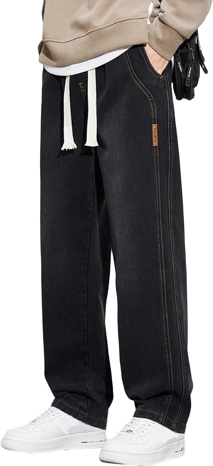 Men Wide Leg Baggy Straight Jeans Loose Fit Skater Hip Hop Denim Pants Outdoor Casual High Street Trousers