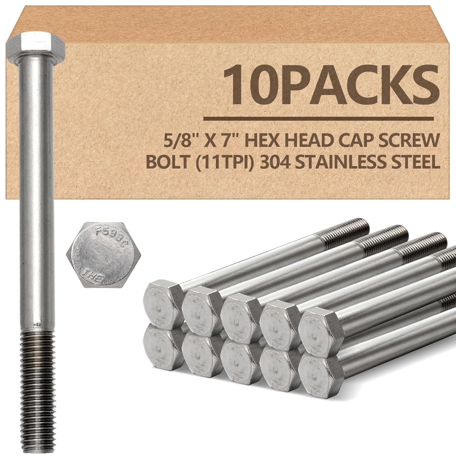 10 Pack 5/8-11 x 7'' Hex Head Cap Screw Bolt 304 Stainless Steel Half Thread External Hex Drive Screw Bolt Fastener for Wet Outdoor Metal Framing Concrete Reinforcement Railing Trellises