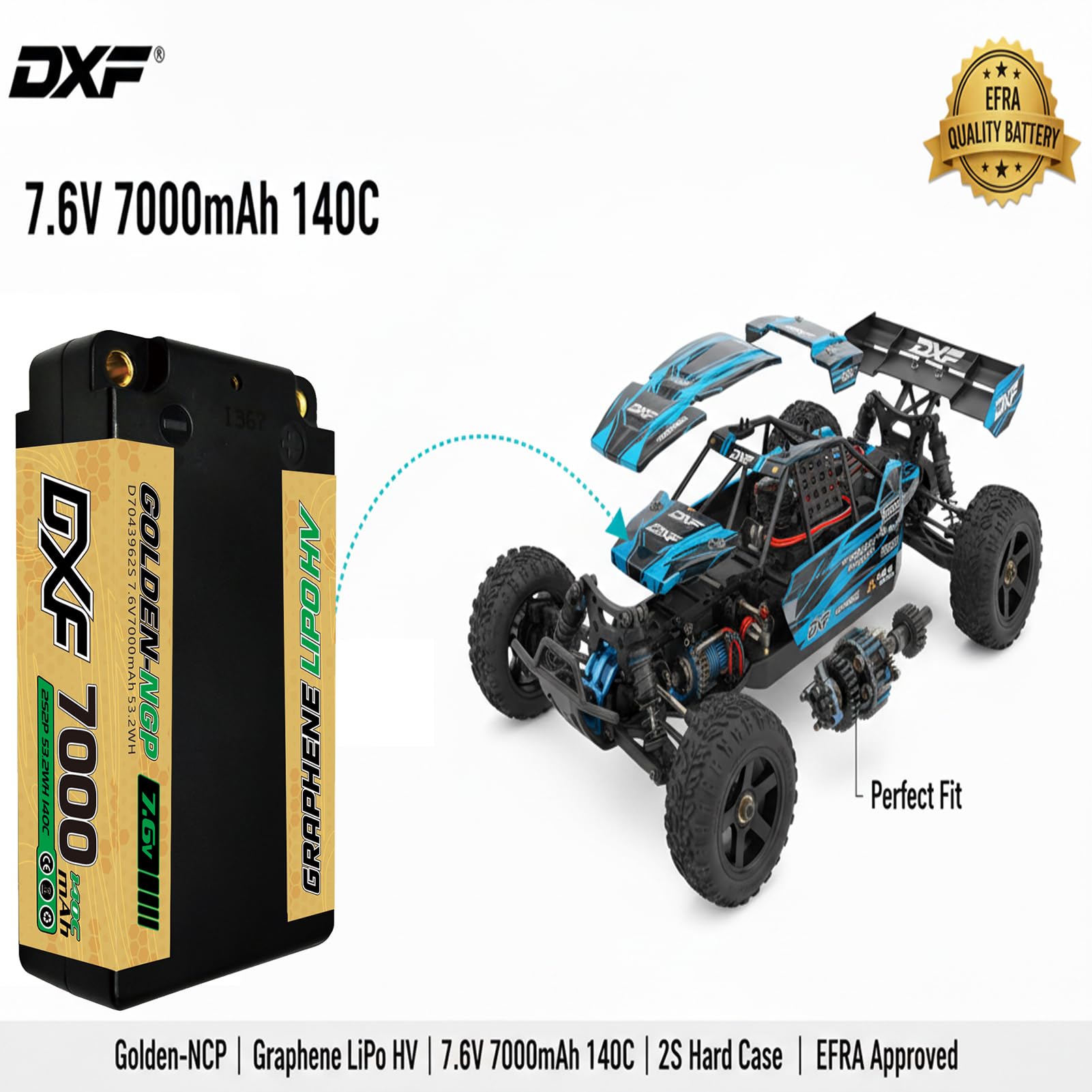 DXF 2S HV LiPo Akku 7.6V 7000mAh 140C Golden NGP mit 5mm Bullet zu Deans T Stecker High-Performance Battery Pack für 1:8 1:10 RC Auto Fahrzeuge Leistungsstark 2S2P