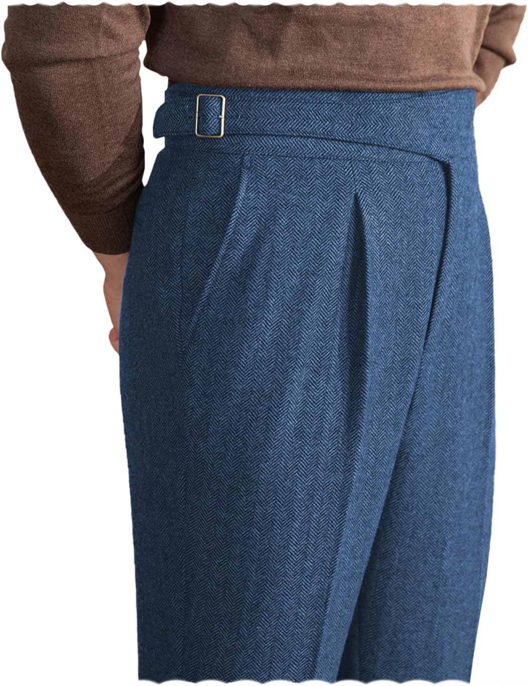 Men Trousers Vintage Tweed Blend Pants Herringbone Slim Fit Pleat-Front Pant