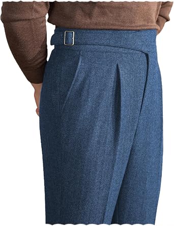 Men Trousers Vintage Tweed Blend Pants Herringbone Slim Fit Pleat-Front Pant Blue32W30L