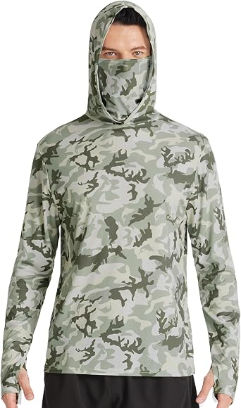 FISHEAL Mens Performance Fishing Hoodie Shirt - UPF 50+ Sun Protection Long Sleeve Thumbholes Shirts with Neck Gaiter