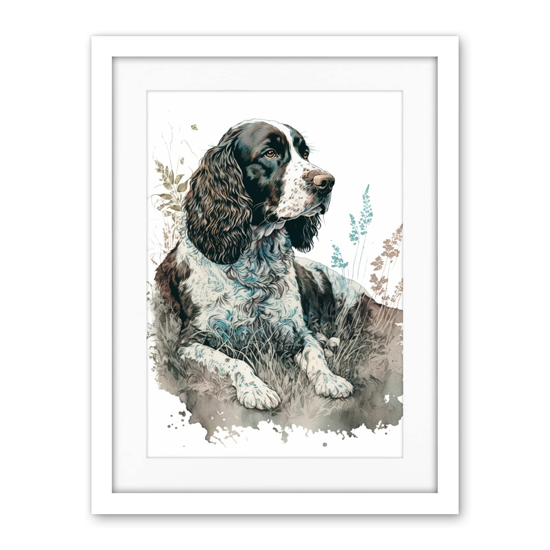 Artery8 English Springer Spaniel Dog Lying in Field Modern Watercolour Illustration Artwork Framed Wall Art Print 18X24 Inch