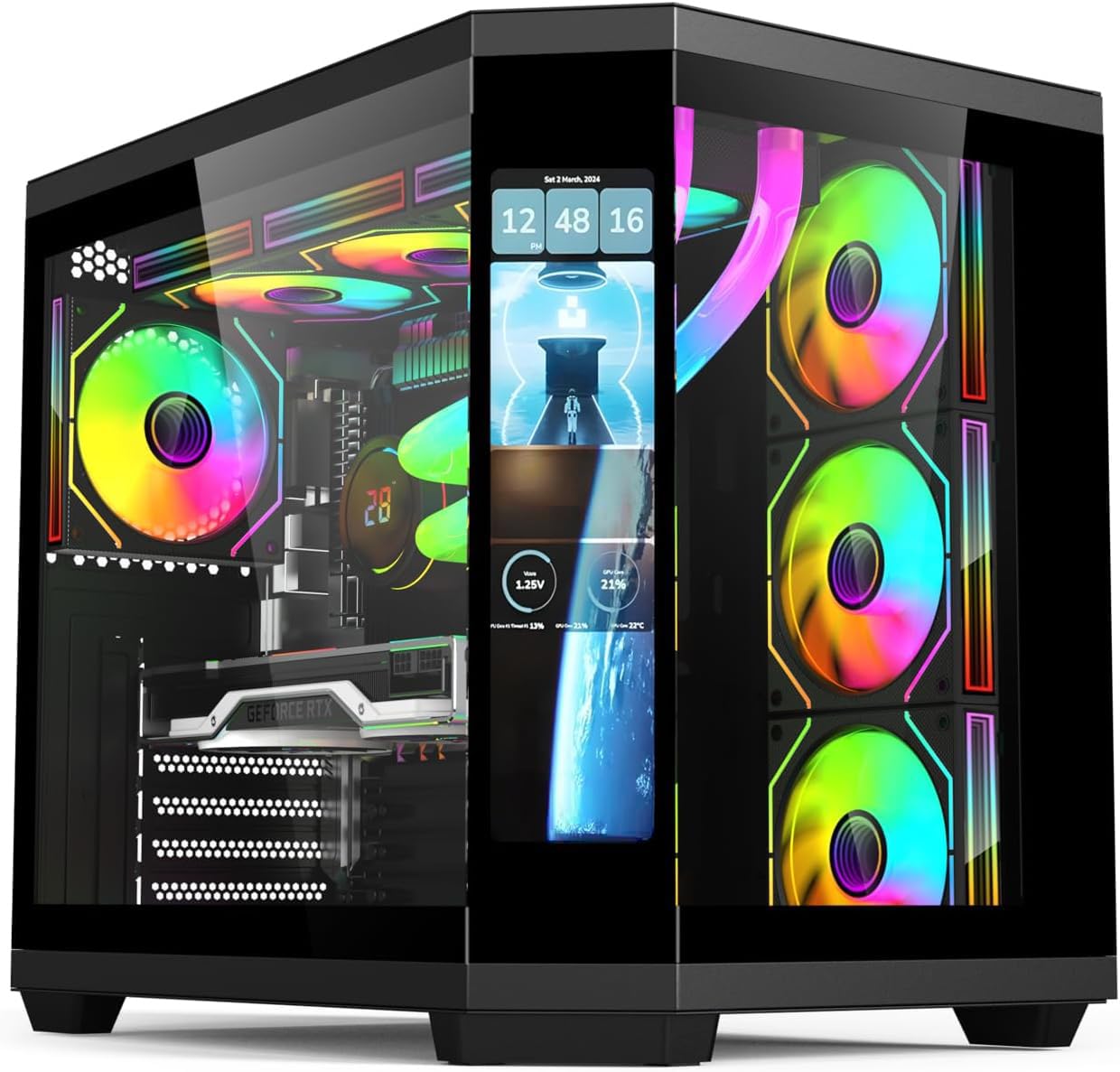 IONZ APEX Vision - Case per PC da gaming, ATX Mid Tower, doppia camera con 4 ventole ARGB PWM - Schermo LCD | Nero