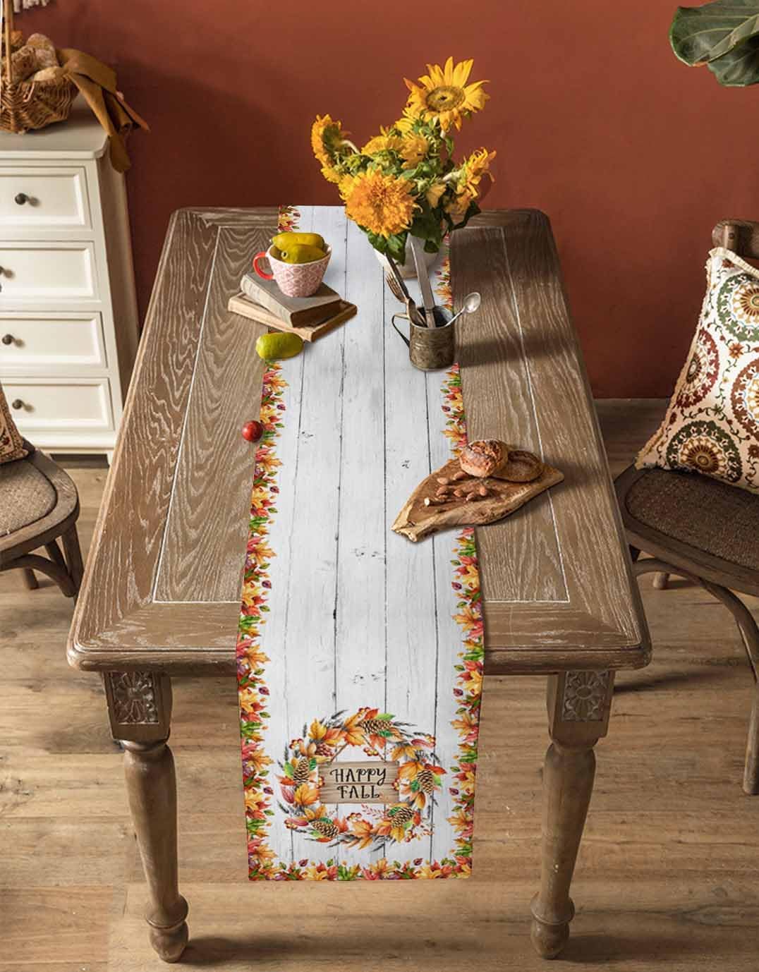 Happy Fall Table Runner 108 Inches Long for Dresser Dining Room Maple Leaves Kitchen Dining Table Runners Rustic Wood Grain Table Decorations for Home Party Indoor Outdoor 13 x 108 Inch