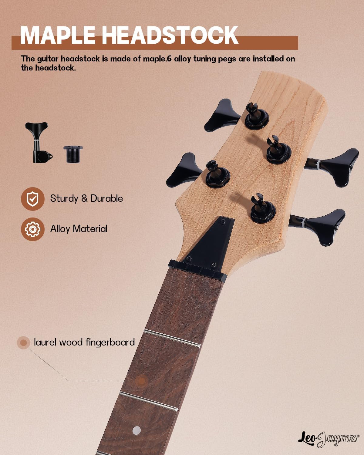 Close-up of the maple headstock with tuning pegs installed, highlighting its sturdy alloy material.