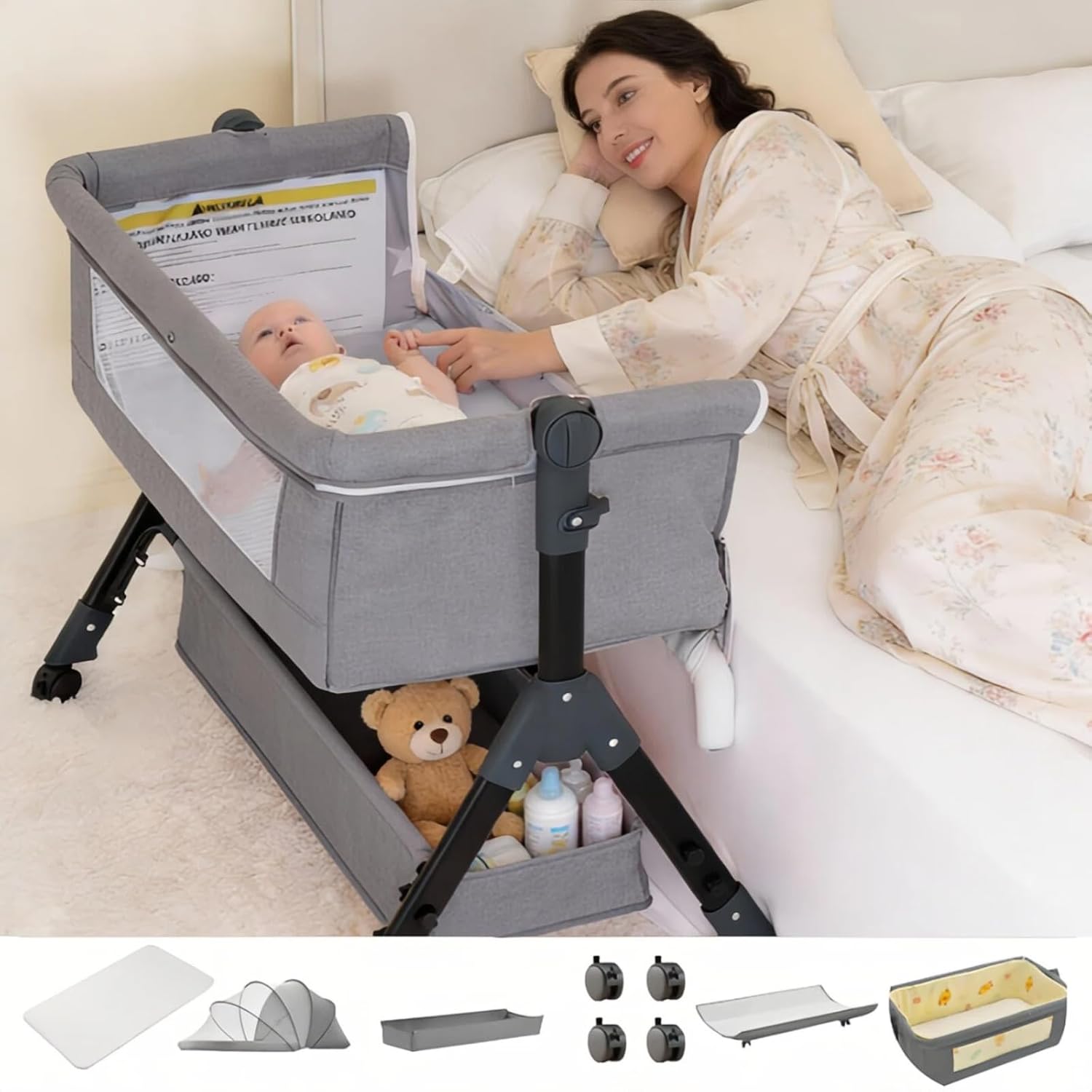 Baby Bassinet, Bedside Bassinet for Baby, 4 in 1 Portable Bedside Sleeper Rocking Crib with Wheels, Mosquito Net & Storage Basket, 6 Height Adjustable, Grey