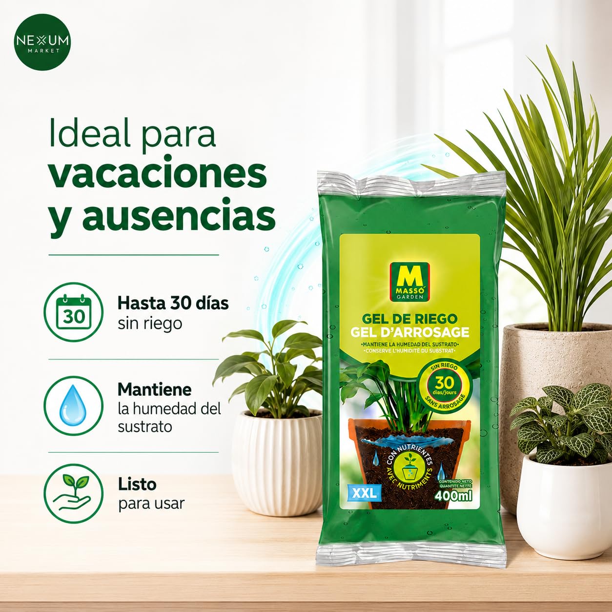 Pack x5 Gel De Riego XXL 400 ml – Hidratación Para Plantas Hasta 30 Días, Agua Gelificada Con Nutrientes NPK y Micronutrientes, Ideal Para Macetas, Jardineras y Vacaciones | Nexum Market