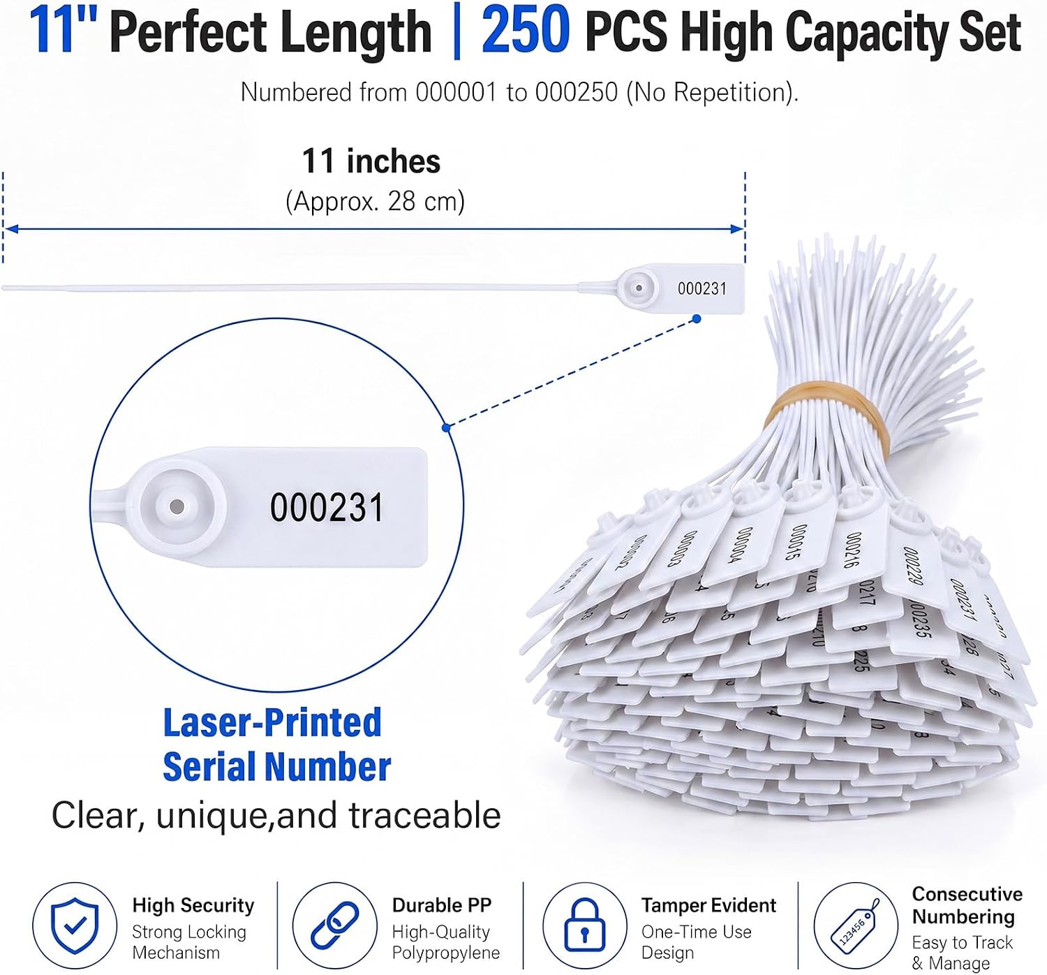 Novabright 250 Pcs Security Plastic Seal with Metal Insert Numbered Tamper Seal Pull Plastic Tight Padlock Safety Tag Disposable Self Locking Zip Ties for Truck Trailer Container Shipping(White)