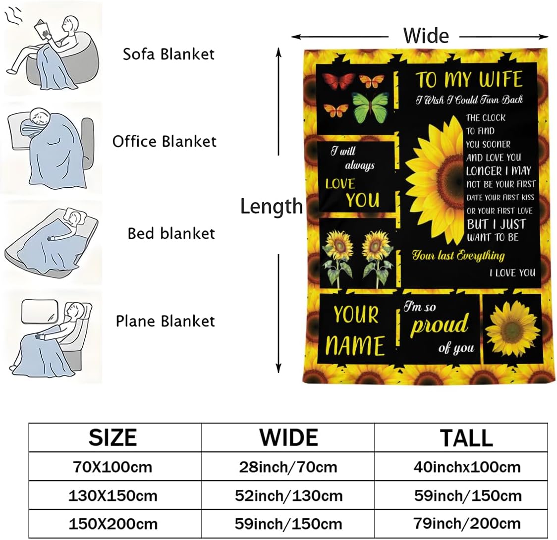 to My Wife Sunflower Blanket Throw with Love Message Black and Yellow Floral Design Romantic Butterfly Pattern I Love You Wife Forever Anniversary with Blankets 60x80 Inches