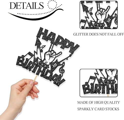 Miniatura 3 de Decoración para tartas de cumpleaños con temática Rock'n'Roll, entretenimiento musical, decoración de fiesta de cumpleaños, purpurina negra (roca)