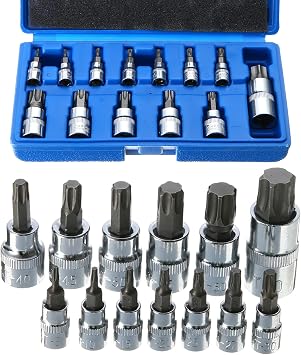 YFFSFDC Torx Bit Socket Set of 13, T8-T70, S2 Bit, Star-Shaped with Hole, Insertion Angle 0.25/0.5 inch 6.35/9.5/12.7 mm