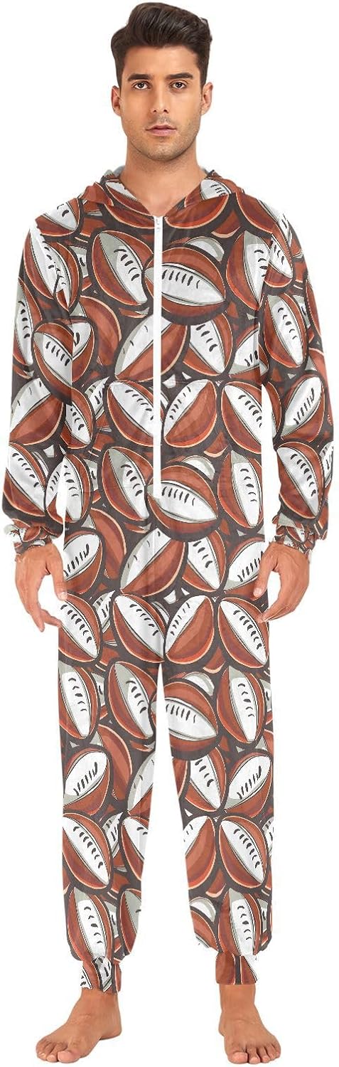 ALAZA Rugby Ball Brown American Football Adult Onesie Unisex Pajamas One-Piece Costume Hooded Jumpsuit Sleepwear for Men Women M